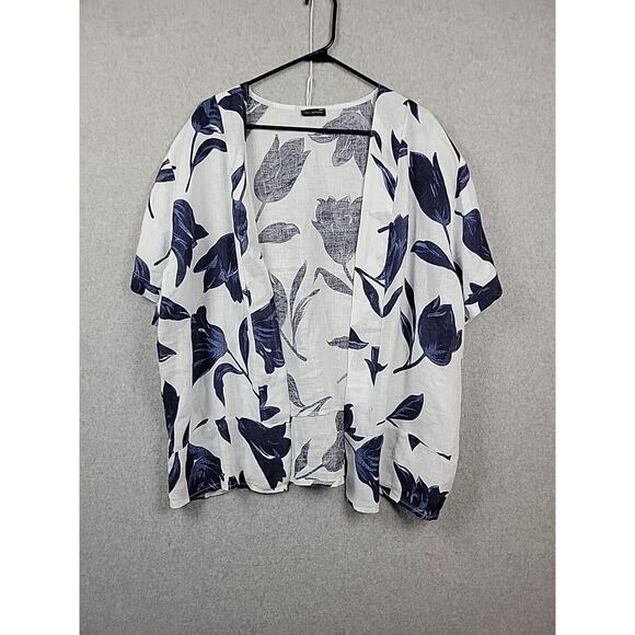 Luca Vanucci Italy Linen White Floral SS Open Front Coastal Cardigan Women's XL - Picture 1 of 12